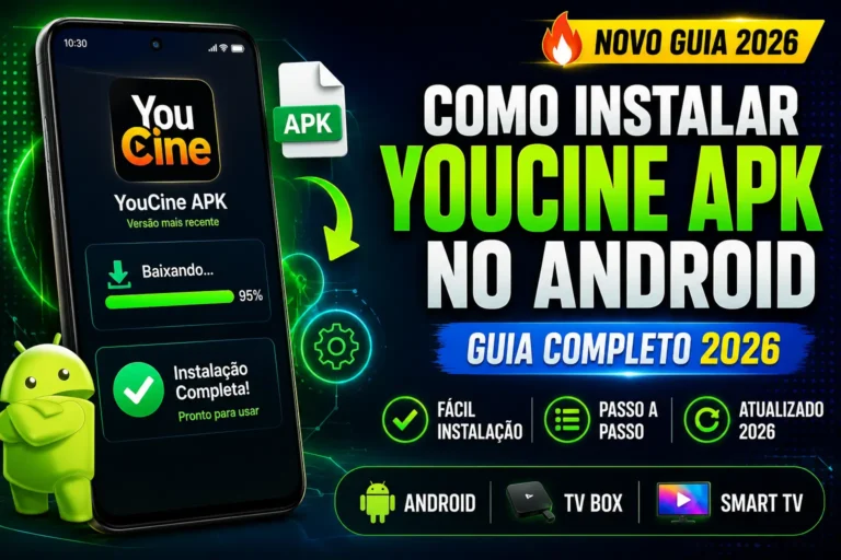 Tela mostrando o processo de instalação do YouCine APK em um smartphone Android com guia atualizado de 2026.